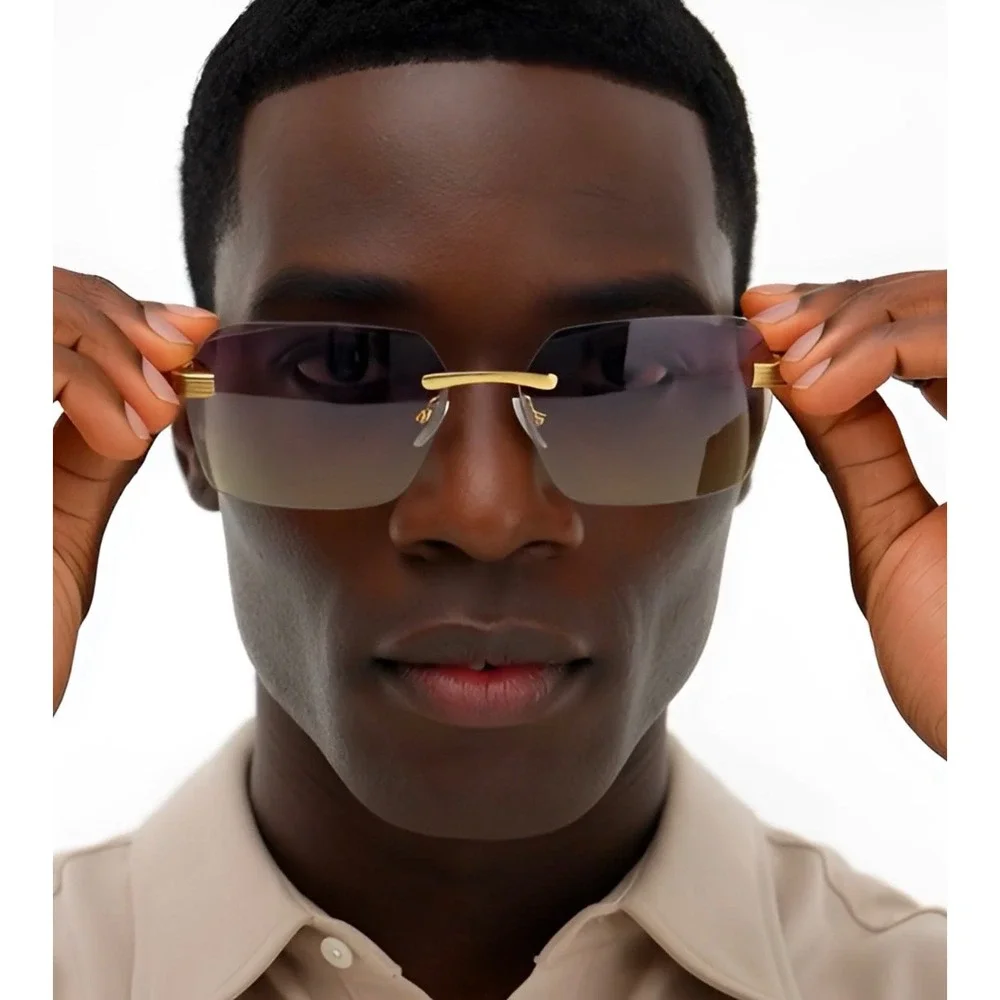 Frameless Men Rectangle Sunglasses Gold Buffs Migos Purple Yellow Gradient Lens